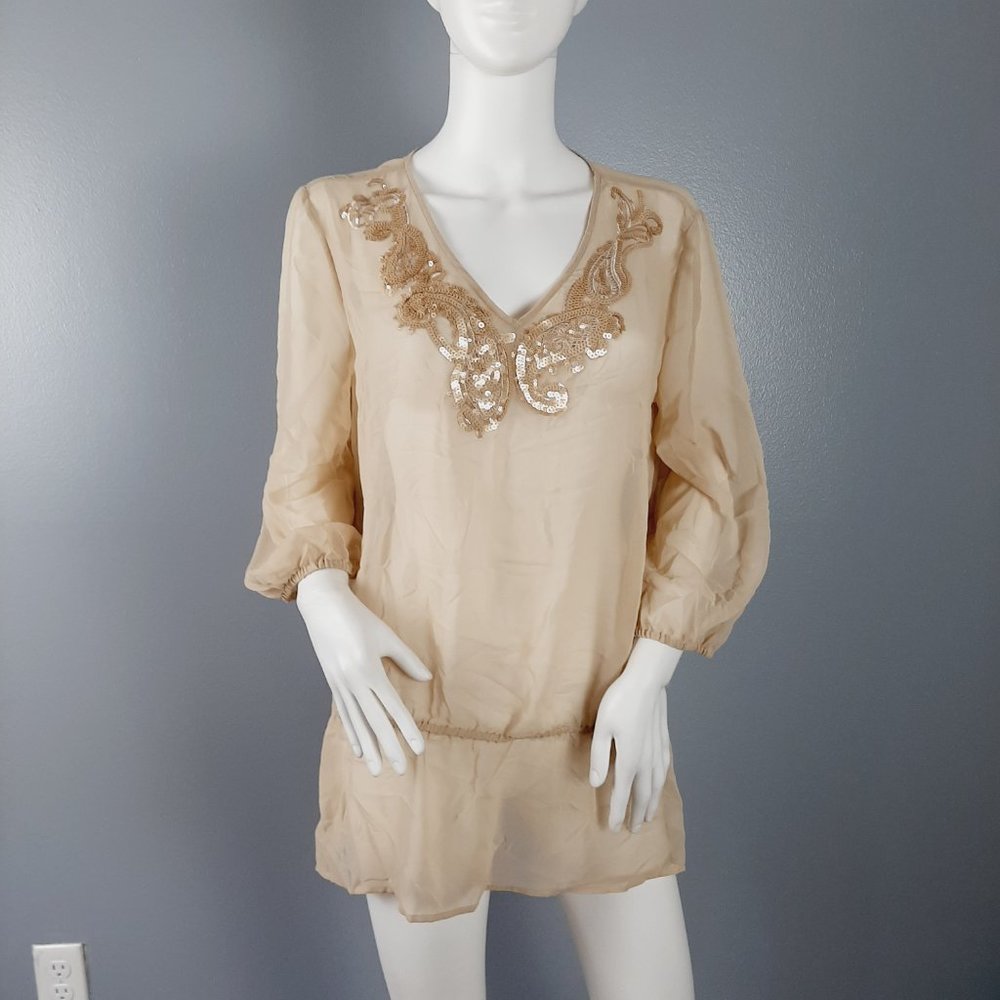 Chico's Sheer Peplum Top Womens Size Medium Beige Sequins Embroidery 3/4 Sleeves